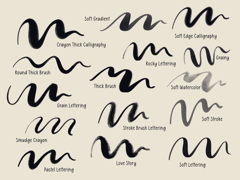 以下が含まれることがあります： レタリングとカリグラフィーのための12種類の異なる筆のストロークスタイルのコレクション。スタイルには、ソフトグラデーション、ソフトエッジカリグラフィー、ロッキーレタリング、ソフトウォーターカラー、ソフトストローク、ストロークブラシレタリング、スマッジクレヨン、ラブストーリー、ソフトレタリング、パステルレタリングが含まれます。