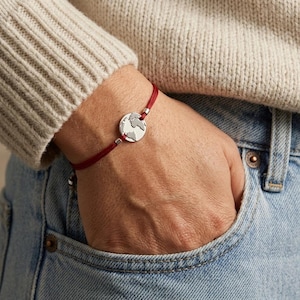 World Map Bracelet: Sterling Silver Globe Charm, Red String of Fate