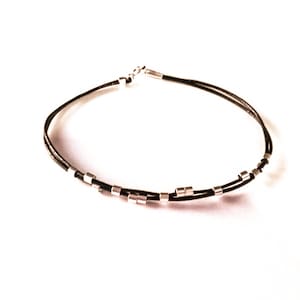 Sterling silver leather unisex black bracelet, dainty bracelet, minimalist bracelet, couples bracelet
