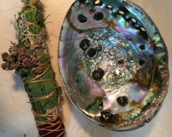 Abalone Shell with Rose Wrapped Sage Stick