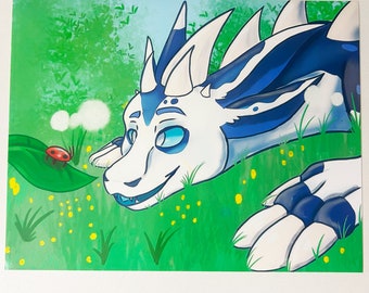 Dragon in Field Furry Flower Ladybug Print 8.5"x11"