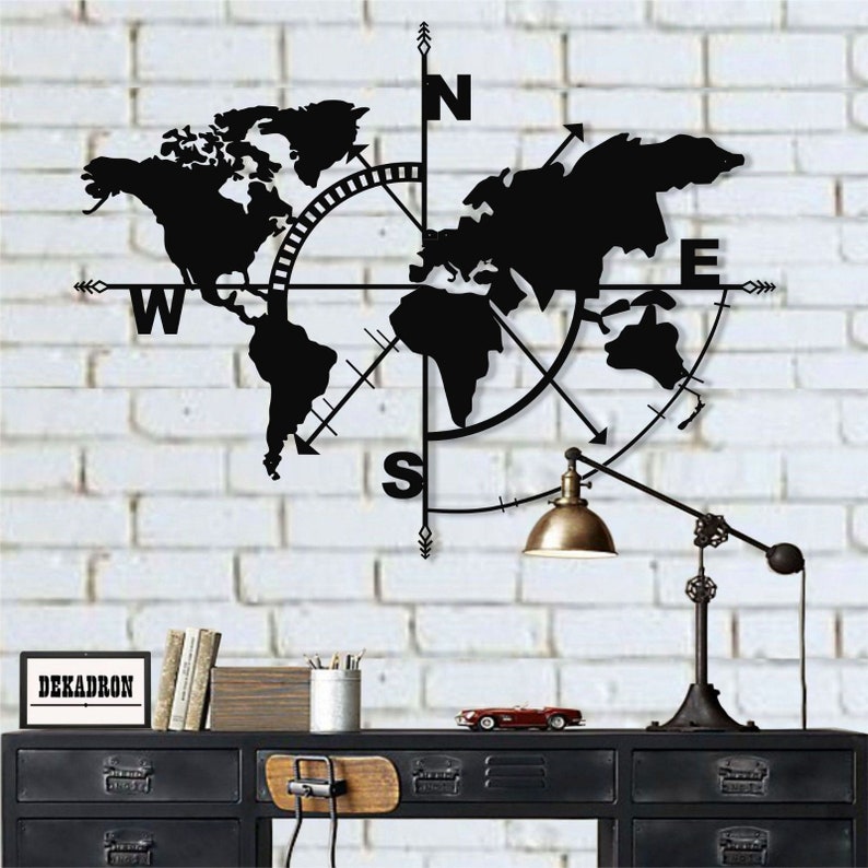 Metal World Map Compass Wall Decor Art Work Sign Decoration