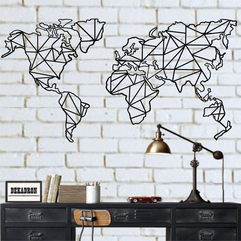 Metal World Map Wall Art 2 Pieces Geometric Decor Sign Interior Decoration Office