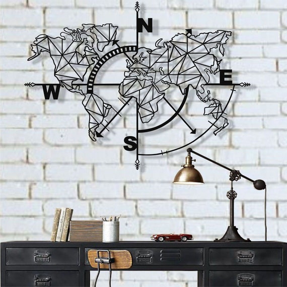Metal World Map Wall Art Geometric Compass Decor Work Sign Decoration Home