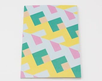A6 Notebook - Pastel Colour Triangle Squares Design - Lined Pages From Recycled Paper