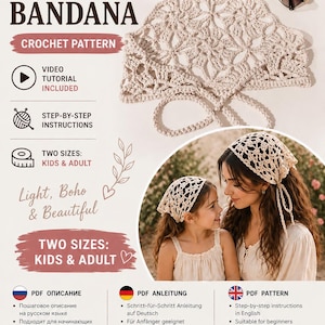 Könnte beinhalten: Ein Häkelmuster für ein Spitzen-Bandana mit dem Text "CROCHET Lace BANDANA". Das Bild zeigt ein fertiges Bandana und ein Foto einer Mutter und eines Kindes, die die Bandanas tragen. Das Muster enthält Video-Tutorials und Schritt-für-Schritt-Anleitungen. Zwei Größen sind verfügbar: Kinder und Erwachsene.