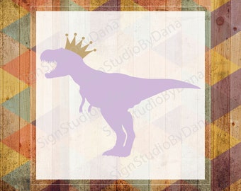 May include: A purple dinosaur silhouette wearing a gold crown. The dinosaur is facing the left side of the image. The background is a woodgrain pattern with a white square in the center.