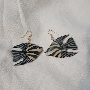 Vintage Wooden Black and White Fish Earrings