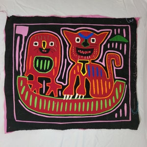 Vintage cat and owl in a boat Mola 1970s or 1980s