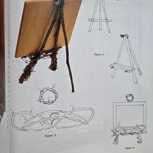 May include: A wooden easel made from natural branches, with a small wooden panel attached. The easel is shown in four different stages of construction, with the final stage showing the completed easel.