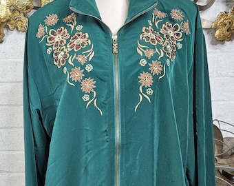 Chaqueta deportiva verde intenso de los años 80, bordada, informal, con cremallera, talla L