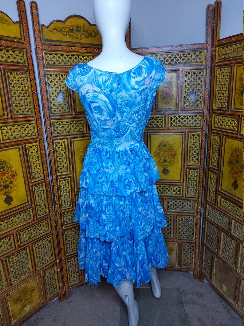 60/'s Sleeveless Blue Ruffled Summer Day Dress Sz S