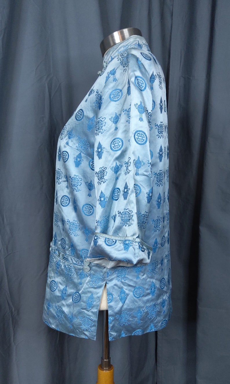 70/'s-80/'s Cheogsam Style Baby Blue Asian Jacket Shirt Sz SM