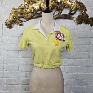 Bright Yellow Upcycled Crop Top Polo Shirt Wearable Art Pullover Blouse Sz S