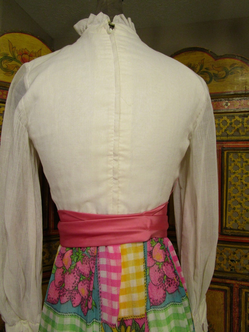 SALE-60/'s-70/'s Maxi Dress Patchwork Skirt Ruffled Top Long Dress SZ S