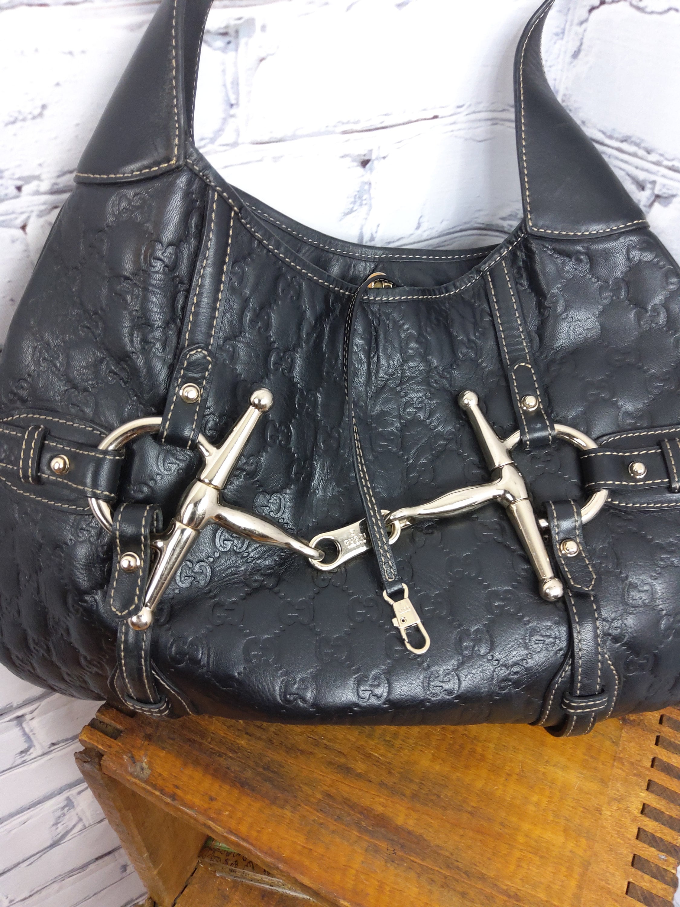 Gucci handbag bag 120984 LEATHER & CANVAS HORSEBIT GUCCISSIMA GG PURSE  Black ref.383553 - Joli Closet