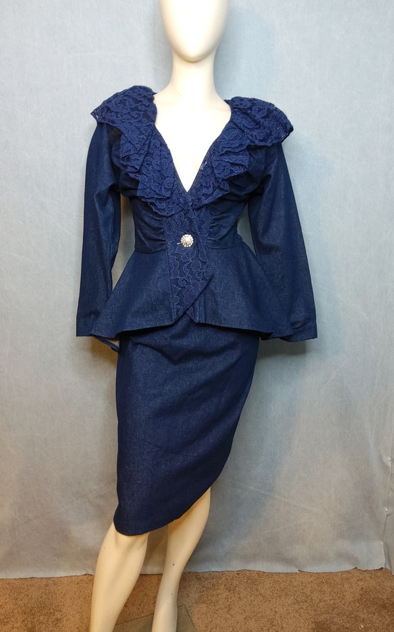 Vintage 80's 2-piece Denim and Lace Jacket Skirt S