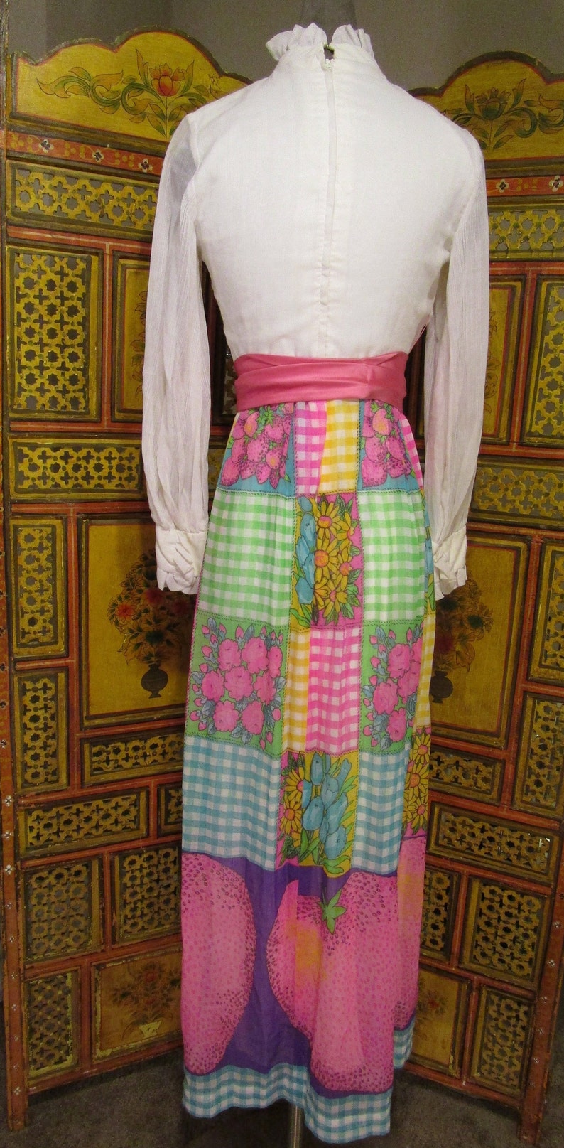 SALE-60/'s-70/'s Maxi Dress Patchwork Skirt Ruffled Top Long Dress SZ S