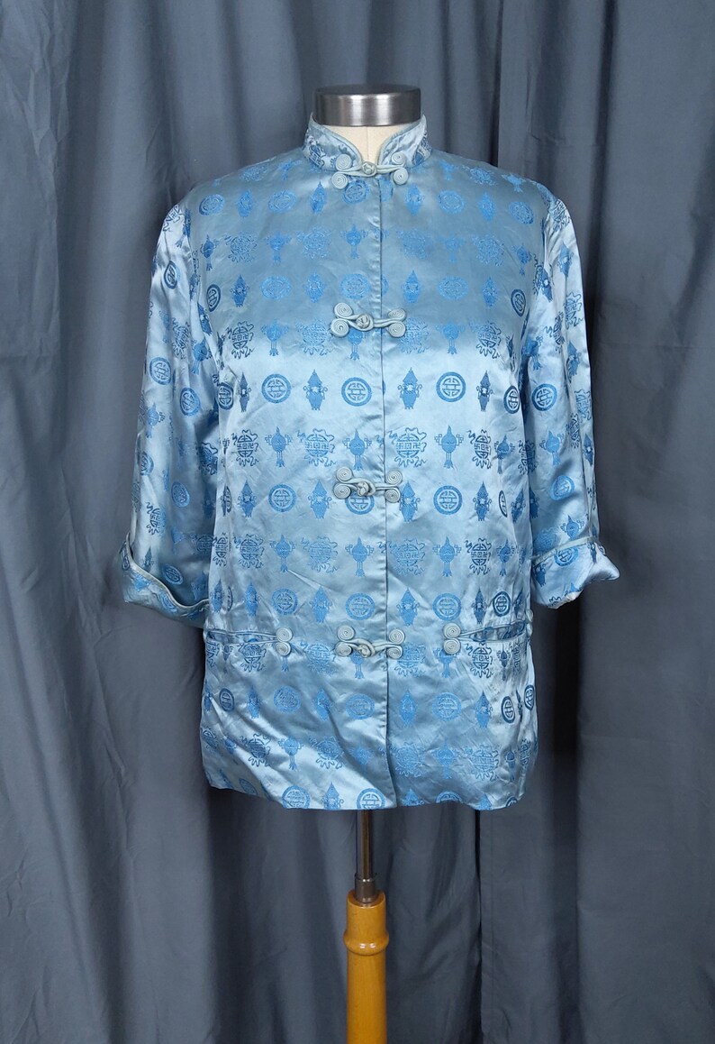 70/'s-80/'s Cheogsam Style Baby Blue Asian Jacket Shirt Sz SM