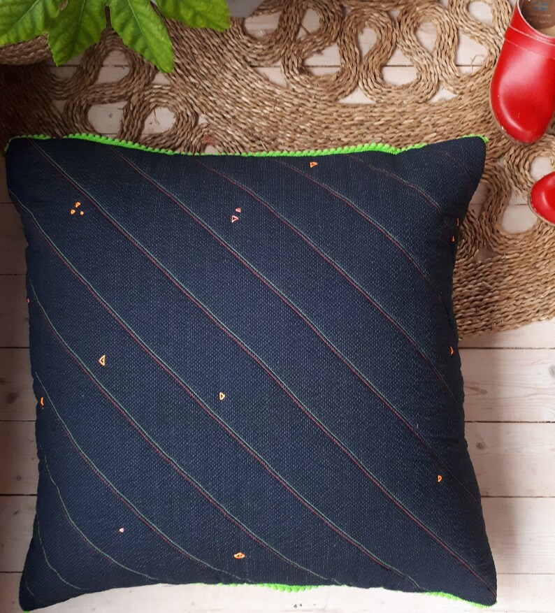 Handmade quilted black seersucker floor cushion pillow with green pompom trim and hand embroidered design image 1