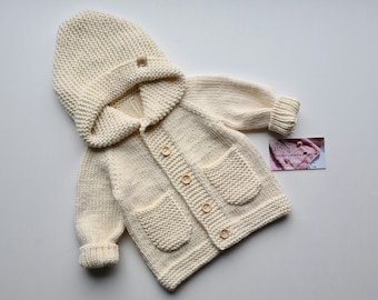 Hand knitted baby sweater/ knitted pullover/ hoodie/ kids jumper/ children cardigan/ jumpers with hood/pullover with buttons/ nice/ hoodie