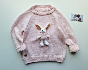 Hand knitted baby toy jumper/baby girl gift/baby boy present/toddler clothes/sweater with bunny/bunny pocket pullover/baby outfit/exclusive