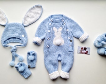 Size 0-3 months Easter bunny set of 4/bunny booties/bunny romper/rabbit mittens/coming home outfit/baby boy present/alpaca knits/nice