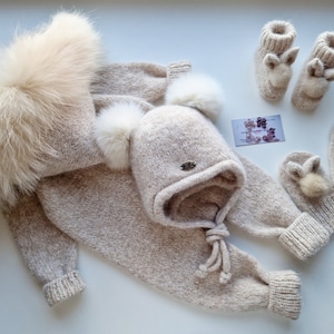 Hand Knitted Alpaca Merino Wool Baby Outfit: Fur Hood Romper, Hat, Booties, Mittens