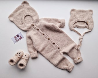 Hand Knitted Baby Bear Outfit: Alpaca Romper, Bonnet & Booties
