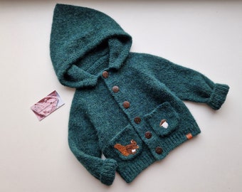 Hand knitted sweater with hand embroidery/kids outfit/cardigan with buttons/baby boy pullover/baby girl present/alpaca clothes/outside