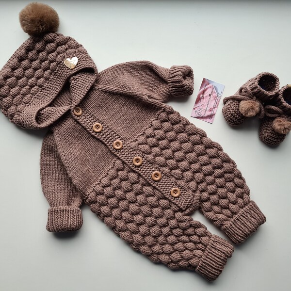 Combinaison unisexe tricotée à la main pour bébé garçon fille en 100 % laine mérinos douce, chaude et idéale pour les bébés et les enfants ;