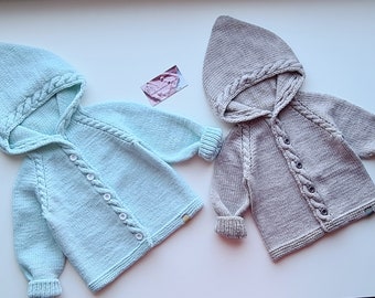 Hand knitted baby sweater/ knitted pullover/ hoodie/ kids jumper/ children cardigan/ jumpers with hood/pullover with buttons/ nice/ hoodie