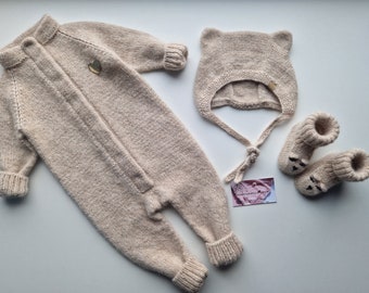 Made to order/Set of 3 knitted baby clothes/baby girl present/baby boy gift/bear ears booties/coming home outfit/alpaca clothes/bear bonnet