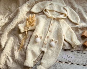 Hand Knit Alpaca Merino Baby Bunny Romper: Newborn Outfit