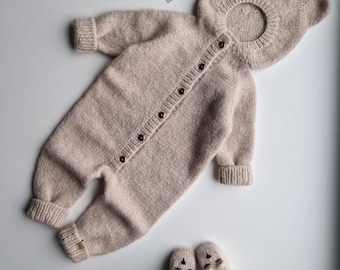 Hand Knitted Baby Bear Outfit: Alpaca Romper & Booties Set