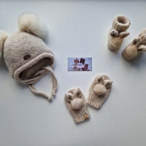 Hand knitted set of 3/coming home outfit/baby girl gift/baby boy hat/bunny booties/double pom pom hat/winter hat/outside wearing/natural fur