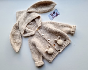 Hand knitted baby bunny sweater/toddler outfit/coming home outfit/bunny eared hoodie/alpaca cardigan/merino clothes/baby girl/baby boy gift