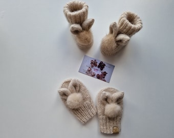 Hand Knit Alpaca Bunny Booties and Mittens Set