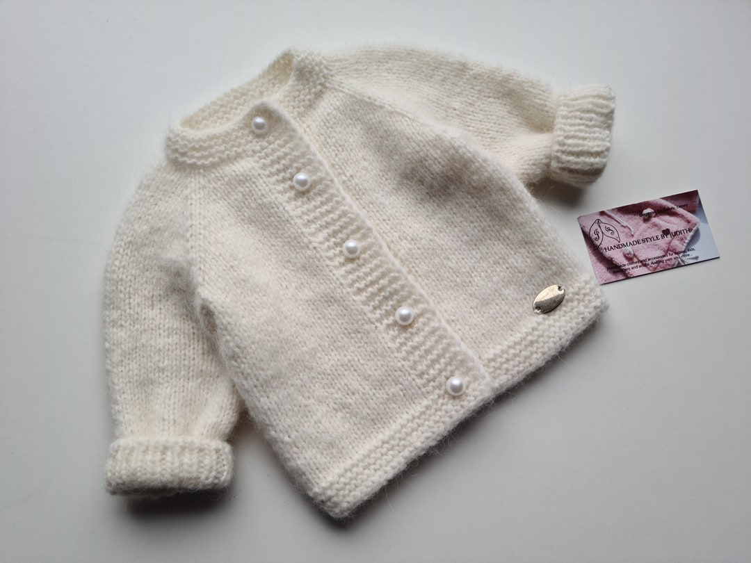 Hand Knitted Baby Sweater/white Cardigan/baby Girl Clothes/baby Boy