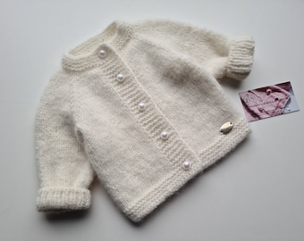 Hand knitted baby sweater/white cardigan/baby girl clothes/baby boy pullover/coming home outfit/infant wearing/outside wearing/alpaca