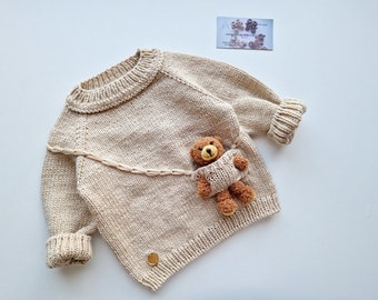 Ready to ship hand knitted baby toy jumper size 0-3 months/baby boy present/bear in the pocket sweater/toy jumper/baby girl gift/bear outfit