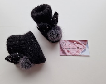 Hand-Knitted Alpaca Bunny Booties: Black Baby Slippers with PomPom