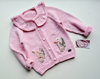 Handknitted baby sweater with buttons/merino wool jumper with hand embroidery/ pullover with flowers/outfit for kids/gift for toddler/unisex