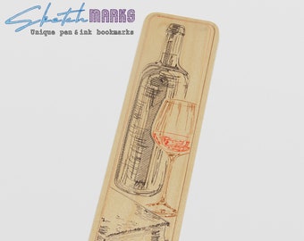 SketchMarks - Unique Pen & Ink BookMarks, Wine and Book, Book Page Holder, Book Lover, Reading