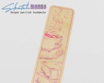 SketchMarks - Unique Pen & Ink BookMarks, Coffee and Book, Book Page Holder, Book Lover, Reading