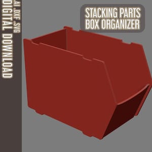 Puede incluir: Un organizador de cajas de cartón rojo con un diseño de corte para apilar. La caja está diseñada para ser utilizada para organizar artículos pequeños.