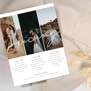 CANVA Photography Pricing Guide, Price Sheet PDF, Packages & Info for Wedding. Family, Senior Photographers, CANVA Template PG001