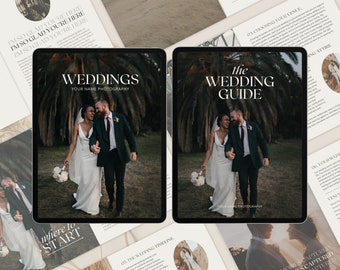 May include: A digital guide for weddings with the title "The Wedding Guide" and a photo of a couple in a wedding ceremony. The guide is by "Your Name Photography".