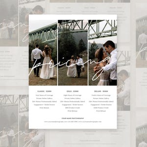 May include: A wedding photography pricing guide featuring three photos of a couple. The guide includes package details for Classic, Gold, and Deluxe options. The word "pricing" is written in cursive across the image.