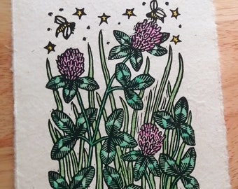 Red Clovers Linoleum Block Print with Watercolor, Vermont State Flower Linocut, Gift for Nature Lovers